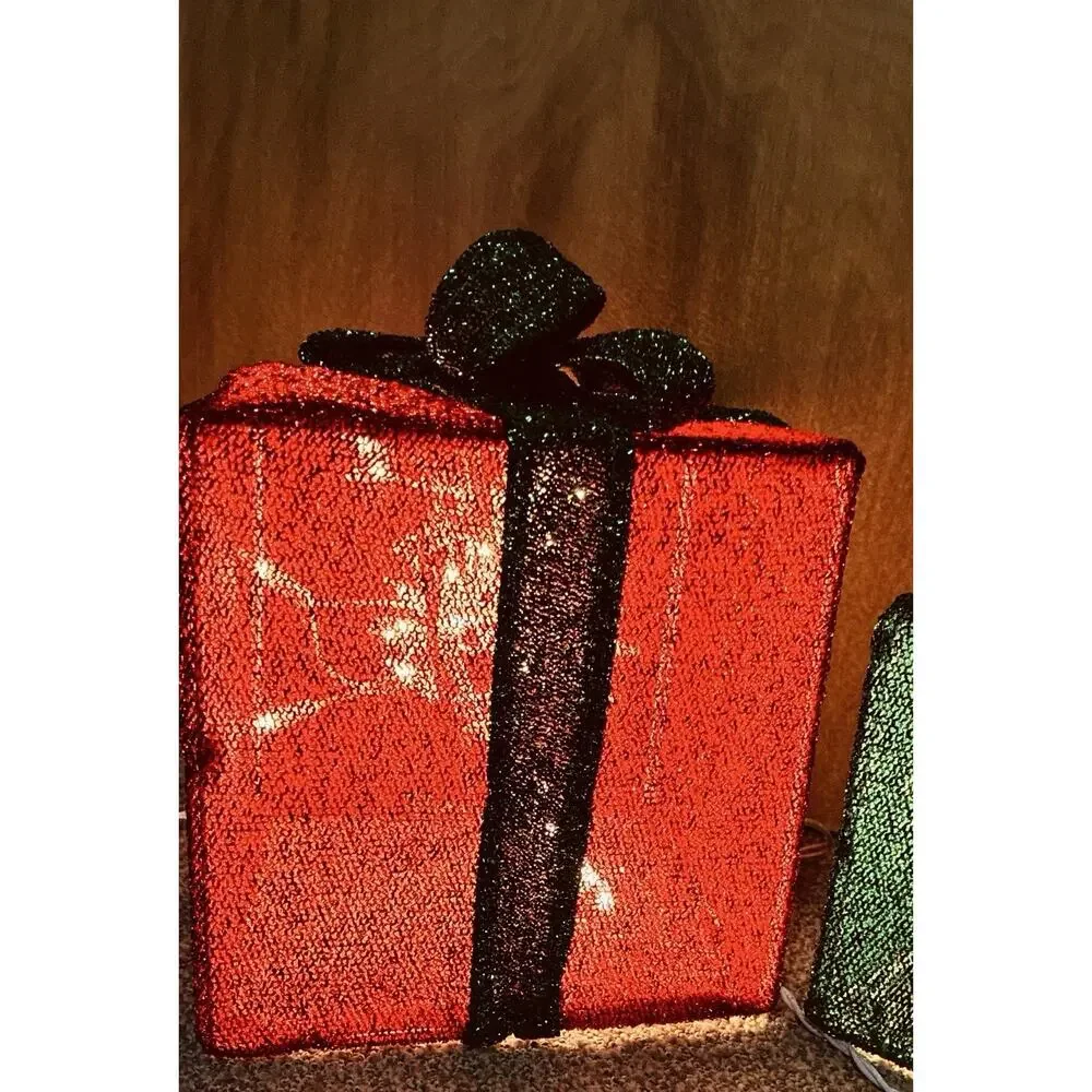 Three Mesh Collapsible Lighted Top Bows Wrapped Gifts Red, Grn Gold Christmas